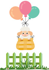 Cute lamb flying in basket with balloons about green fence on field