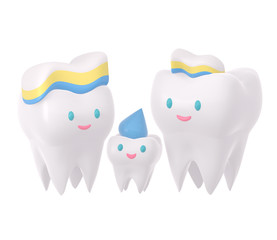 Cute happy smiling family of teeth with toothpaste hairstyle. Clear tooth concept.Brushing teeth. Dental kids care