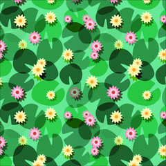 Lily Pads floral vector pattern. Trendy pattern with water lilies floating on water. Lotus pond. Floral illustration.