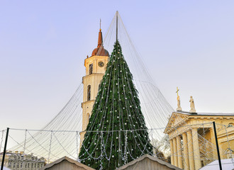 Fototapeta na wymiar Christmas tree and Cathedral bell tower Vilnius before Xmas