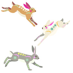 Cute Easter Bunnies with ornaments. Easter clipart set. Running colorful rabbits. Flat concept design. Animalistic spring illustration set. Hand drawn rabbits.