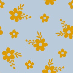 Simple gentle beautiful floral vector seamless pattern. Hand drawing silhouette of golden yellow flowers, leaves, berries on a light blue background. For printing on fabric, textile products.