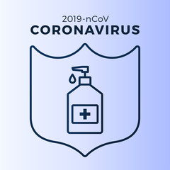 Soap or Sanitizer Gel and shield using antibacterial, virus icon, hygiene, medical illustration. Coronavirus covid-19 protection