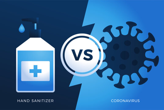 hand sanitizer gel Antivirus vs or versus coronavirus concept protection covid-19 sign vector illustration. COVID-19 prevention design background