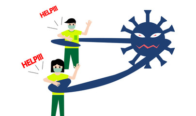 A man and a woman wear a mask, get caught by a virus, and they ask for help. Vector Illustrations.