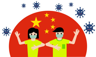 A man and woman wear masks, fight the corona virus and they are not afraid, with china's flag background. Vector Illustration.