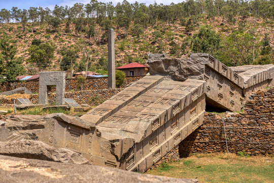 ruins of famous Ancient monolith stone obelisks, symbol of the Aksumite civilization. Aksum, Ethiopia. UNESCO World Heritage site.