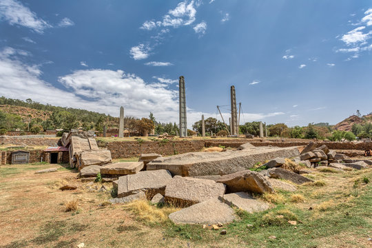 ruins of famous Ancient monolith stone obelisk, symbol of the Aksumite civilization. Aksum, Ethiopia. UNESCO World Heritage site.