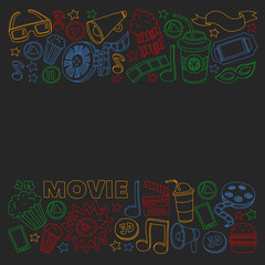 Online cinema vector icons. Background with popcorn, movie illustration, musical notes.