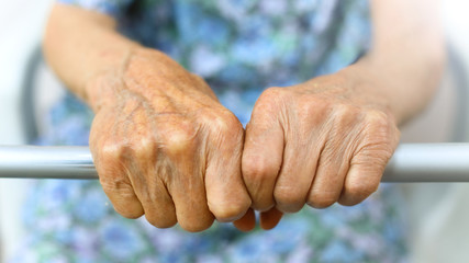 Old lady's hand. Elderly lady is waiting for help. Senior lady in retirement nursing home. Elderly, Aging concept