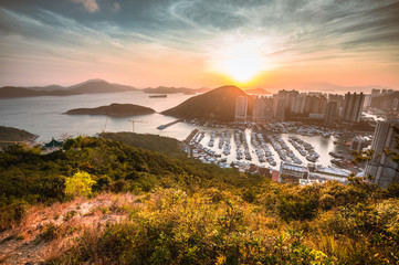 Aberdeen Typhoon Shelter, Hong Kong seen from Nam Long Shan Brick Hill, in Sunset time