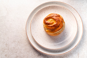 an image of a muffin on a light plate, on a light backdrop