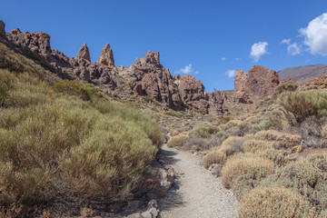 Trail through amazing lava fields in the Teide National Park, Tenerife, Canary Islands, Spain.