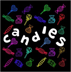 set of hand drawn neon glow candies pattern vector