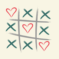 Tic tac toe game with criss cross and heart sign mark. XOXO. Hand drawn brush. Happy Valentines day card.