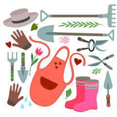 Set of tools and equipment for gardening. Spring time vector drawing. Apron, shovel, dig, gloves, gardening, nippers, scissors. Elements for design, packaging