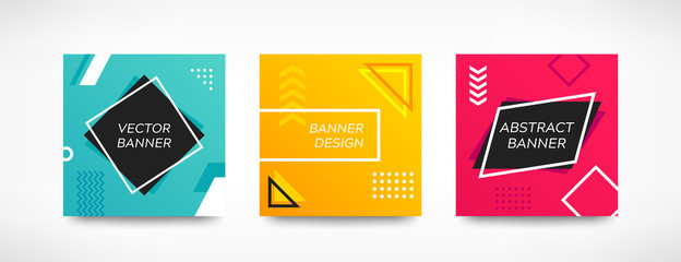 Fototapeta premium Geometric shapes square banner set. Abstract modern color background collection. Minimal elements design. For web, cover, flyer, header, page, brochure, social media. Vector illustration