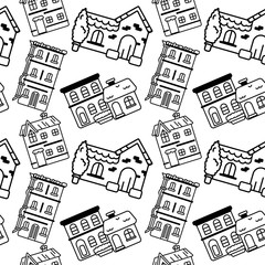 Black line houses on white backdrop. Cottage seamless pattern for wallpaper, wrapping paper, bath tile, fashion apparel or bed linen. Phone case or cloth print. Minimal style stock vector illustration