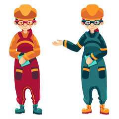 Women workers on white isolated backdrop. Female engineer sticker set for financial or web news site, business poster, info card. T shirt or hoody print. Cartoon style Stock vector illustration