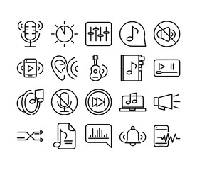 sound audio volume music line style icons set