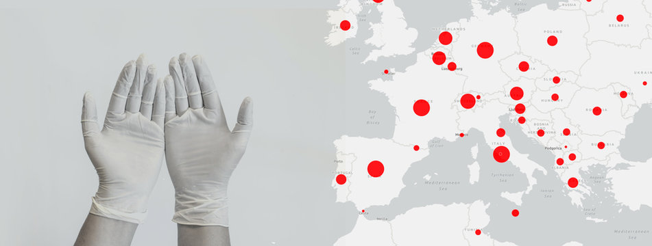 Coronavirus or covid19 pandemic. Horizontal panorama web banner with doctor hands in latex rubber gloves and world map with virus infection sign