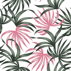 Tropical seamless pattern with green and pink plants on a white background. Creative abstract background. Trendy summer Hawaii print. Floral pattern. Exotic wallpaper, Jungle leaves.