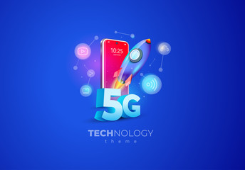 5G technology speed and Rocket takeoff. Mobile display smartphone turbo speed action blue background illustration