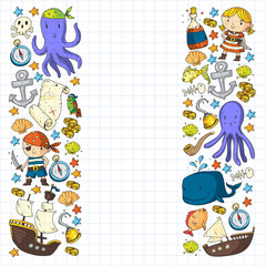 Pirate party. Illustrations for little children. Kids birthday celebration with treasure island, octopus, pirates