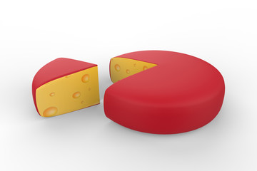 circle and a piece of cheese on white background. 3d illustration 