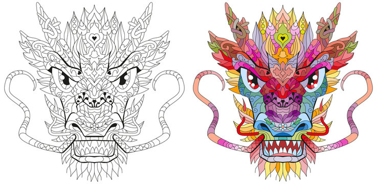 Zentangle dragon head. Hand drawn decorative vector illustration. Clolr and outline set