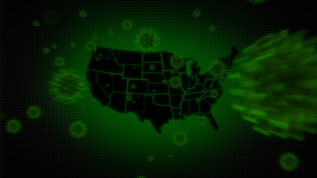 Pandemic - coronavirus and the USA - 3d rendered illustration with green virus particles