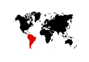 The map of South America is highlighted in red on the world map - Vector