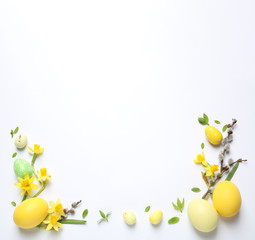 Flat lay composition with Easter eggs on white background. Space for text