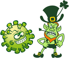 Saint Patrick's Day green Leprechaun with pointy ears, orange beard and wearing folkloric clothes showing angry mood. He's ready to fight against evil grinning virus that's mocking at him