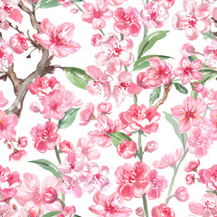 Watercolor cherry blossom or sakura tree seamless pattern. Delicate bright oriental style print with white background. Spring floral illustration. Japanese garden theme design. Pink flowers texture