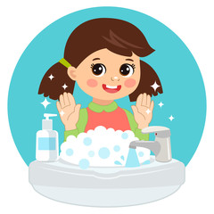 Cute Young Girl washing hands in the sink illustration. Vector illustration Of Washing Hands with Antibacterial hand sanitizer, in cartoon flat illustration vector isolated in white background.