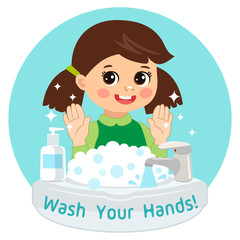 Cute Young Girl washing hands in the sink. Vector Illustration Of Washing Hands with Antibacterial hand sanitizer, in cartoon flat illustration vector isolated. Wash you hands banner for kids.