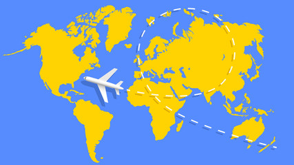 Airplane and flight trajectory on the world map. Vector illustration.