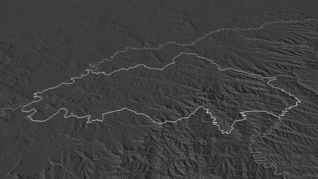 Berea, district with its capital, zoomed and extruded on the bilevel map of Lesotho in the conformal Stereographic projection. Animation 3D