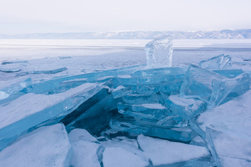 Lake Baikal beautiful winter, amazing natural scenery.