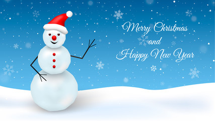 Snowman in red cap and falling snow. New Year greeting card design. Vector illustration.