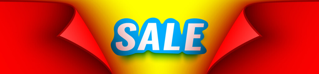 Sale banner. Red ribbon with curved edges on yellow background. Sticker. Vector illustration.