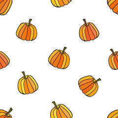 Ripe doodle pumpkins on white background. Seamless food bright pattern. Good for packaging, textile.