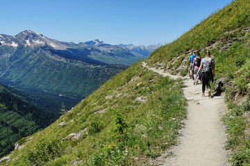 Fototapeta na wymiar three hikers walking along a trail on a steep grassy mountainside in the alpine