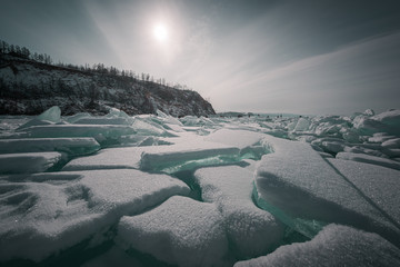 Lake Baikal beautiful winter, amazing natural scenery.