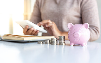 Young business women are saving money in a piggy bank and recording financial income-expenditures...