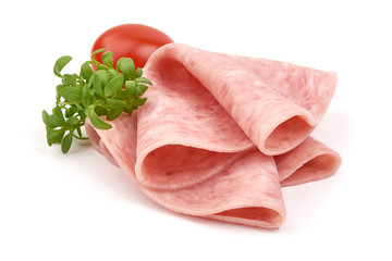 Smoked sausage slices, thinly sliced sausage, isolated on white background