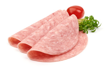 Thin salami sausage slices, isolated on white background