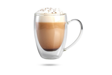  cappuccino with cinnamon on a foam in a transparent cup with a double bottom. isolate on white background