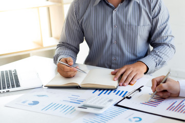 Business team meeting analyze financial graphs market growth reports And corporate income tax,...